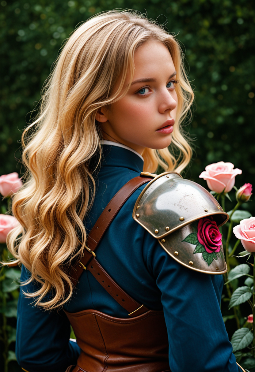 Photorealistic picture, depth of field, 1girl, long hair, looking at viewer, blue eyes, blonde hair, long sleeves, upper body, flower, parted lips, looking back, from behind, armor, uniform, lips, petals, rose, wavy hair, shoulder armor, pink flower, pink rose