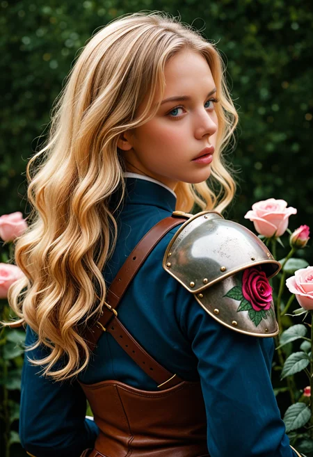 Photorealistic picture, depth of field, 1girl, long hair, looking at viewer, blue eyes, blonde hair, long sleeves, upper body, flower, parted lips, looking back, from behind, armor, uniform, lips, petals, rose, wavy hair, shoulder armor, pink flower, pink rose
