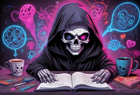 (pui:0.01)
A (cute, whimsical, big cute eyeholes in skull, ) skeletal figure clad in a dark, billowing robe, hood casting shadow over skull, (death, grim reaper, )
(table, skeletal figure, headphones, (lofi-style:1.03), grim reaper in a relaxed setting, cup of coffee or tea, notebook or sketchbook, table lamp casting warm light, )
(trending:0.86) (epic:0.81, )(masterpiece:0.69), (RAW:0.75),high definition,amazing quality, (aesthetic:0.93), <lora:LCMTurboMix_Euler_A_fix.safetensors:0.96:0.3> <lora:sdxl\Hyper_Realism_Pony_XL.safetensors:0.85:0.18> p16,s19