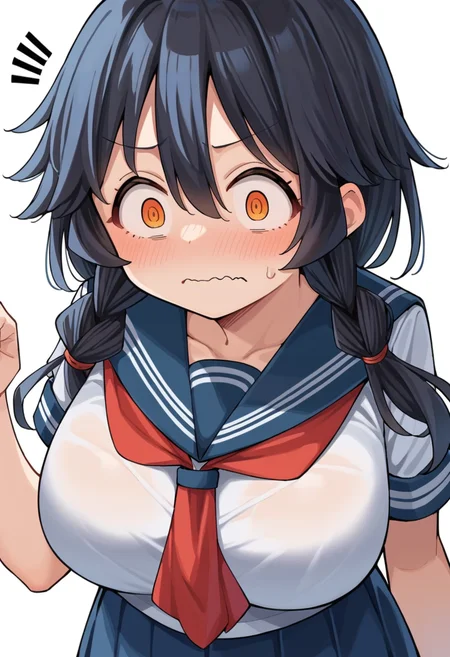 <lora:MashiroNaomoto:1> 1girl, mashironaomoto, hair between eyes, neckerchief, sailor collar, school uniform, twin braids, large breasts, low twintails, twintails, long hair, orange eyes, red neckerchief, black hair, wavy mouth, @ @,, score_9, score_8_up, score_7_up, source_anime,