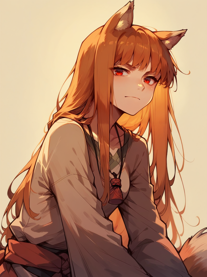 score_9, score_8_up, score_7_up, score_6_up, score_5_up,   <lora:HoloXLP:1> holo, 1girl, wolf ears, long hair, solo, red eyes, ginger hair, wolf tail,
