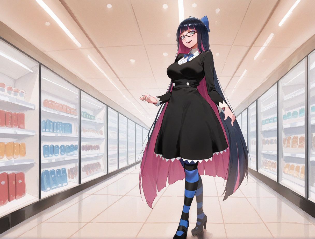 high quality, best quality, masterpiece, highres, very aesthetic, absurdres, <lora:illustrious_quality_modifiers_masterpieces_v1:.6>, <lora:NSFWFilter_illusXL_Incrs_v1:-.5>, solo , full body, wide shot, 
glasses, Stocking (psg), very long hair, black hair, pink inner hair, two-tone hair, blunt bangs, hair bow, blue eyes, makeup, large breasts, smiling, open mouth, 
, inside, at a mall, <lora:rororoC:1>, rororo