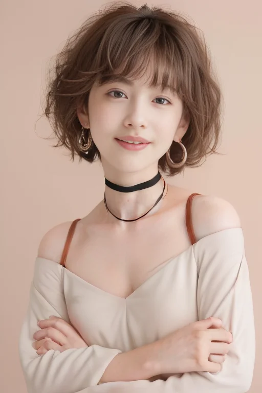 (1girl), (best quality), (masterpiece), (high resolution), (intricate details), (photorealistic), (cinematic light), <lora:short_hair:0.8>,
solo, brown hair, nape, blurry, upper body, blurry background, wavy hair, smile, realistic, looking at viewer, lips, upper body, off shoulder, shirt
white background, upper body, brown eyes, closed mouth, profile, lips, nose, portrait, earrings, parted lips, black choker, ear piercing
sleeves past wrists, simple background ,