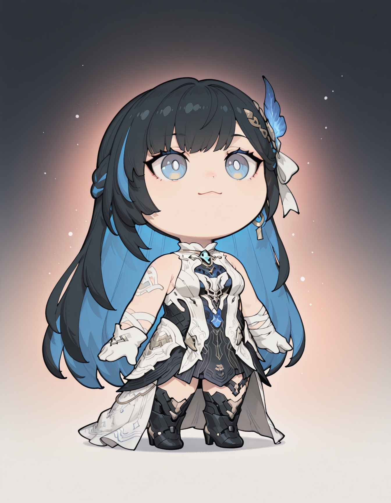 1girl,<lora:mai_pgr_selena_xs:0.7>,mai_pgr_selena_xs,bandaged_arm,bandages,bare_shoulders,black_dress,black_hair,blue_eyes,blue_hair,boots,colored_inner_hair,gloves,high_heels,jewelry,long_hair,multicolored_hair,solo,streaked_hair,very_long_hair,white_dress,white_gloves,
<lora:T00CUT3_IXL:1>,t00cut3,