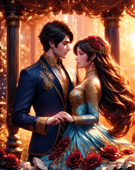 professional 3d model, wide shot, cute magic_couple in expensive ornamented outfits, dance a waltz in the magic forest, roses around, sunset, 8k, intricate details, octane render, highly detailed, volumetric, dramatic lighting
 <lora:quality1:1> <lora:FeyAndFairies:0.4> <lora:add_detail:1> <lora:rose_storm:0.8> .