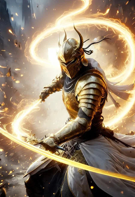 1man, armored samurai in golden samurai armor, wearing samurai helmet and armor, golden fire, wielding dual swords:1.2, brave perspective, reflection, glowing golden fire, golden lightning shatter, , Curved Sword Slashglowing sword, motion blur, emphasis line, outdoor in the darkness, looking at viewer, katanas
