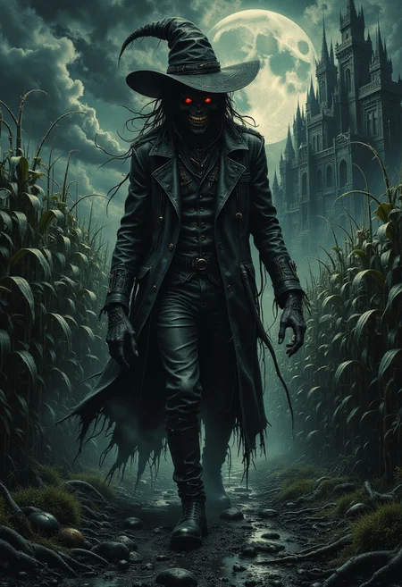 Gothic surrealism, dynamic low-angle shot: An ominous scarecrow in a tattered black trench coat with jagged edges, mid-stride, wide-brimmed witch hat casting deep shadows, glowing red eyes burning with malice, sharp, jagged grin gleaming, walking purposefully through a desolate, mist-shrouded cornfield, dead cornstalks clawing upwards like skeletal hands, dark puddles reflecting his eerie figure, sharp teeth, evil smile, full moon high above casting cold, silver light, dark clouds swirling ominously, the silhouette of a distant haunted gothic castle with towering spires looming on the horizon, dead twisted trees surrounding the scene, muted dark tones, deep contrasting shadows, eerie and foreboding atmosphere, tension and fear building with every step.