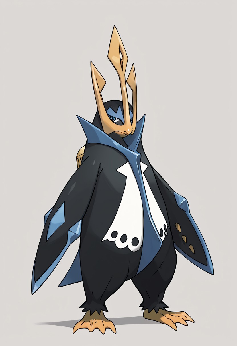 (score_9, score_8, score_7), masterwork, masterpiece, best quality, emperor01, large penguin, dark navy blue body with light blue accents, sharp yellow beak, golden trident-shaped crest on head, wide flipper-like arms with blue blade edges, white chest with six black circular markings in two rows, yellow webbed feet with claws, short pointed tail,PokeStyleMix