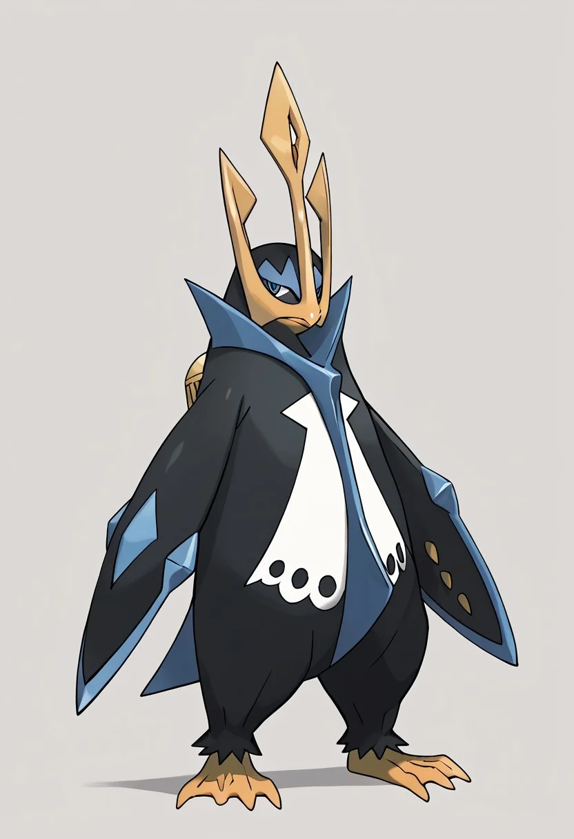 (score_9, score_8, score_7), masterwork, masterpiece, best quality, emperor01, large penguin, dark navy blue body with light blue accents, sharp yellow beak, golden trident-shaped crest on head, wide flipper-like arms with blue blade edges, white chest with six black circular markings in two rows, yellow webbed feet with claws, short pointed tail,PokeStyleMix