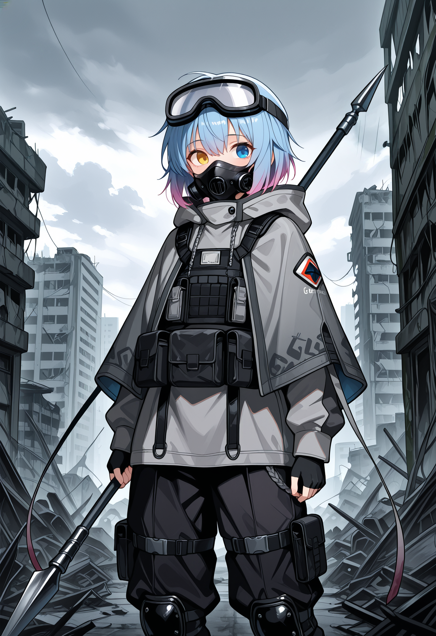 masterpiece, best quality, amazing quality,  <lora:[illuXL] SPP-1 (SomeSloppyBoi):0.9> 1girl, solo, SPP-1GFL, blue eye, heterochromia, yellow eye, short hair, blue hair, [pink] gradient hair, tactical clothing, diving mask on head, half gas mask, covered mouth, grey hooded jacket, long sleeves, black load bearing vest, grey poncho, leg holster, holding polearm, holding harpoon, upper body, black fingerless gloves, abandoned city, ruined buildings, cloudy sky, baggy clothing, black baggy pants, black knee pads, three quarter view,