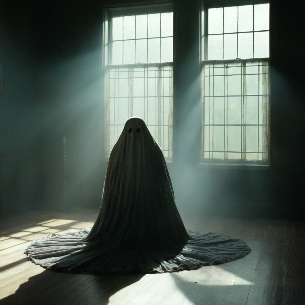 <lora:Kodak Motion Picture Film Style v4:1>
kodak vision3 500t A medium shot of An award winning 2000's horror movie for Best Film Grain Cinematography a perfect "ghost" partially covered by shadows sitting on a floor in a dark room with window daylight on from left side kicking in with moody hazy Volumetric Light on Kodak Motion Picture Film Style