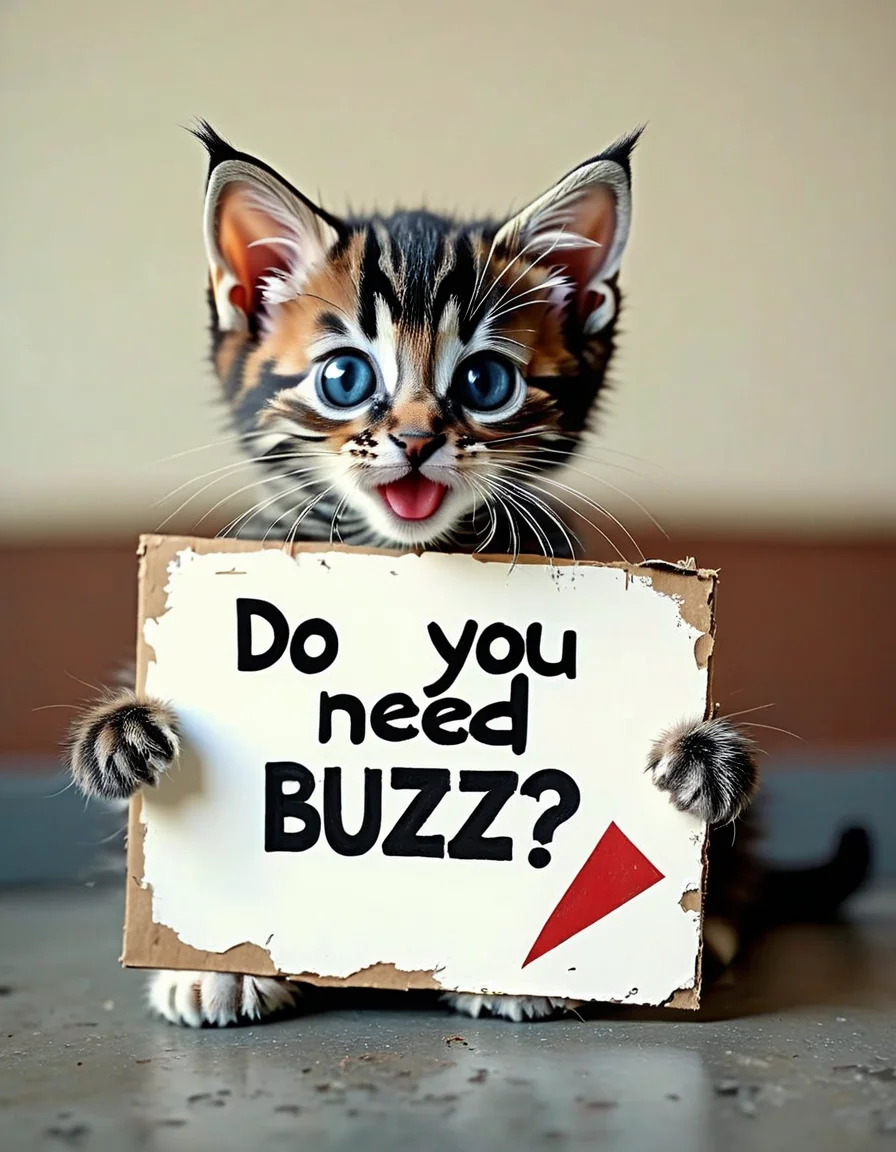 A kitten holding a sign with text "do you need buzz?" <lora:buzz-text:1>