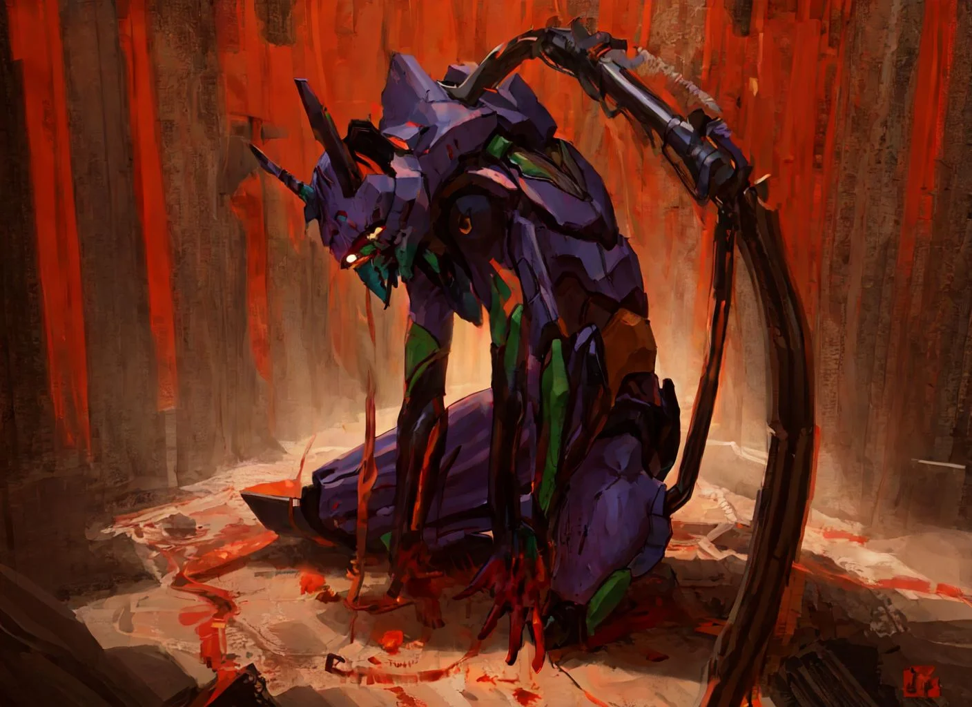 evaunitone, armor, blood, blood on hands, entry plug, from side, full body, holding, horns, mecha, one knee, orange theme, robot, single horn, eva 01, neon genesis evangelion <lora:SD15_noise_offset:1> <lora:eva01_v2:0.7>