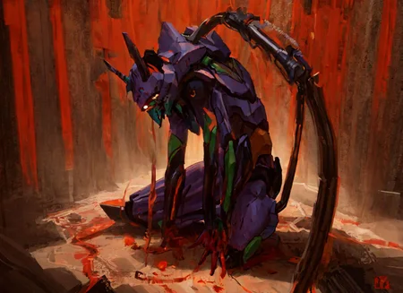evaunitone, armor, blood, blood on hands, entry plug, from side, full body, holding, horns, mecha, one knee, orange theme, robot, single horn, eva 01, neon genesis evangelion <lora:SD15_noise_offset:1> <lora:eva01_v2:0.7>