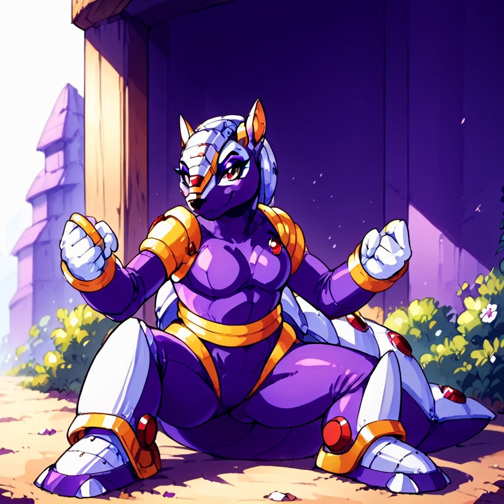 score_9, score_8_up, score_7_up, cowboy shot, armored animal, maverick, robotic, no humans, clenched hand, shell, megaman x, solo, armadillo, megaman, female, genderbending, sexy, looking at viewer, breasts, smug smile, feminine eyelashes, blue skies, 1girl, (dark purple eyeshadow:2), laying down, crouching, purple hair, armadillo form, red eyes, armadillo ears, anthro, Artifyber_style, kind, calm, cute pose, solo