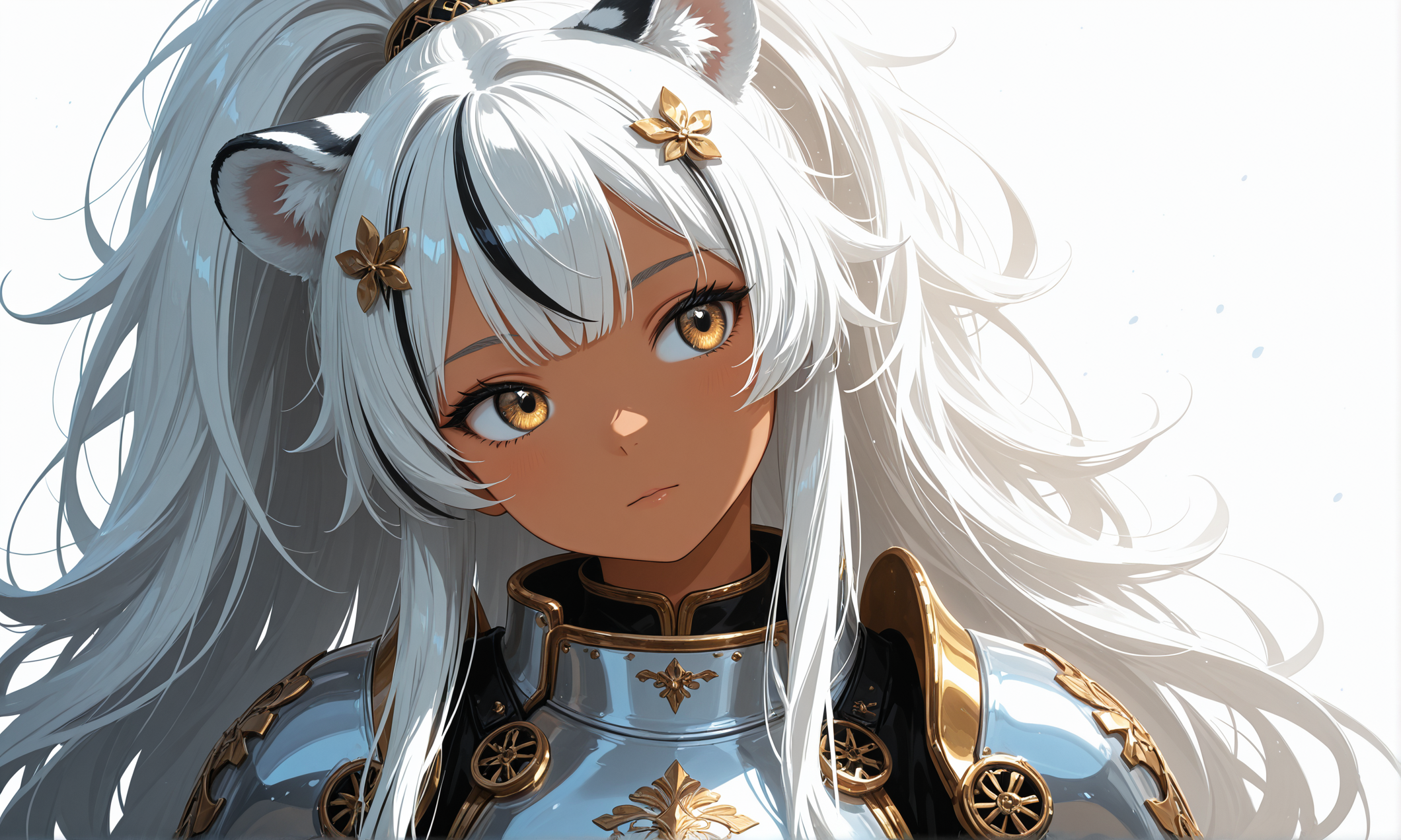 masterpiece, best quality, good quality,
anime character, white hair, gold eyes, (dark skin), high ponytail, golden hair ornament, (fluffy big hair), white tiger ears, solo, girl, water particles, general, white background, pure, iridescent sidelighting, clear outlines, floral, dynamic,
masterpiece, best quality, best quality, fagun_yibei, berryverrine,
(limited palette:1.5):(limited palette:1.5):8], cape, samurai shoulder armor, royal presentation, intro trailer, (head tilt), dark room, anime eyes, cowboy shot, looking at viewer, hair ornament, gold trim, breastplate, reflective silver, (neon black theme:0.85), simple background, windy, hair_tubes, masterpiece, best quality, year 2024, newest, highres, absurdres, very Aesthetic, looking_away, streaked hair,
masterpiece, 1girl, cute, tan theme,
(flat 2d vector style), (minimalist material icon:1.2), 1girl, alien ears, violet, violet hair, hair bobbles, (long hair), hair down, looking_at_viewer, gold eyes, simple_background, solo, boots, white_background, Ay-O, close-up, a character portrait, rayonism, (no lineart:1.3), definitive eyes, Australian