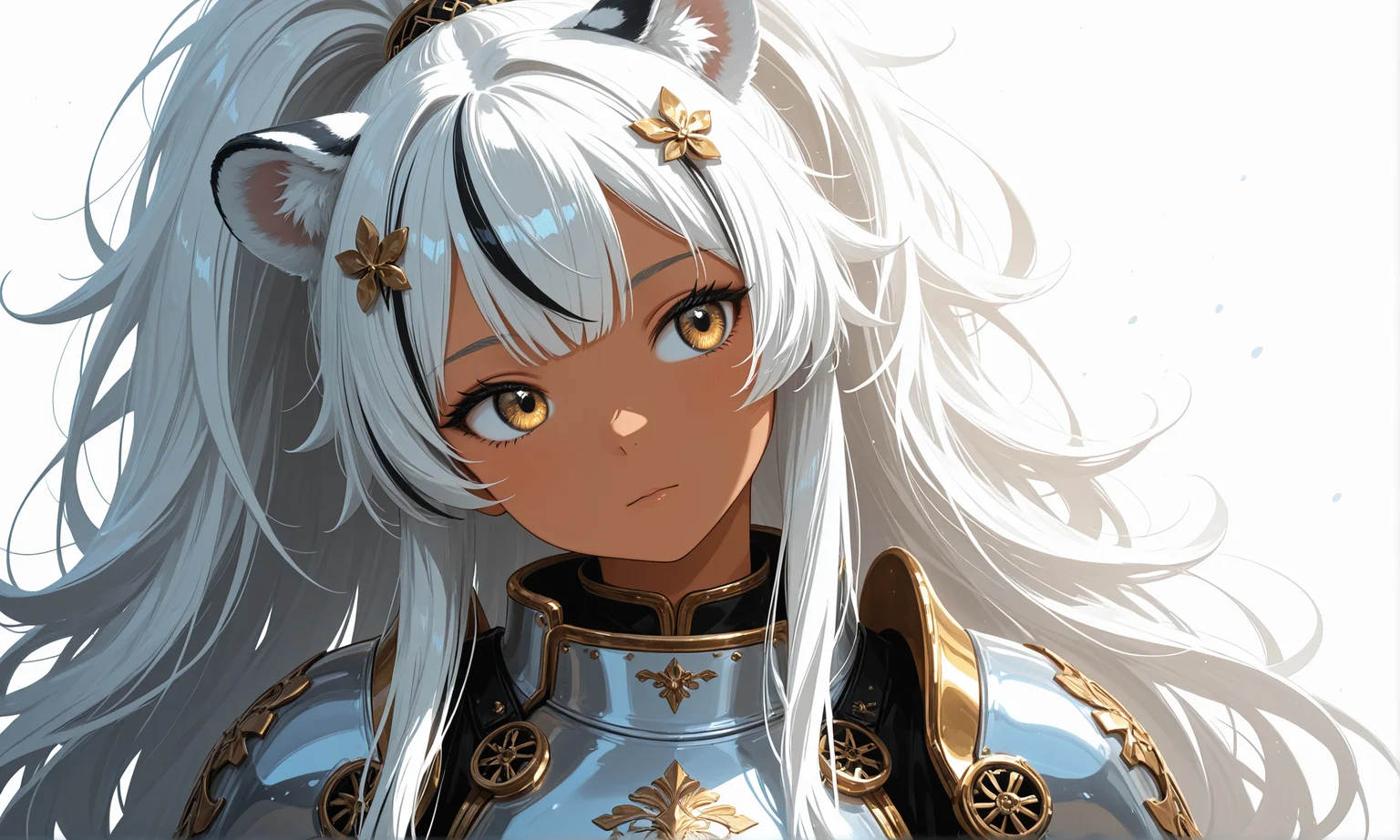 masterpiece, best quality, good quality,
anime character, white hair, gold eyes, (dark skin), high ponytail, golden hair ornament, (fluffy big hair), white tiger ears, solo, girl, water particles, general, white background, pure, iridescent sidelighting, clear outlines, floral, dynamic,
masterpiece, best quality, best quality, fagun_yibei, berryverrine,
(limited palette:1.5):(limited palette:1.5):8], cape, samurai shoulder armor, royal presentation, intro trailer, (head tilt), dark room, anime eyes, cowboy shot, looking at viewer, hair ornament, gold trim, breastplate, reflective silver, (neon black theme:0.85), simple background, windy, hair_tubes, masterpiece, best quality, year 2024, newest, highres, absurdres, very Aesthetic, looking_away, streaked hair,
masterpiece, 1girl, cute, tan theme,
(flat 2d vector style), (minimalist material icon:1.2), 1girl, alien ears, violet, violet hair, hair bobbles, (long hair), hair down, looking_at_viewer, gold eyes, simple_background, solo, boots, white_background, Ay-O, close-up, a character portrait, rayonism, (no lineart:1.3), definitive eyes, Australian