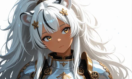 masterpiece, best quality, good quality,
anime character, white hair, gold eyes, (dark skin), high ponytail, golden hair ornament, (fluffy big hair), white tiger ears, solo, girl, water particles, general, white background, pure, iridescent sidelighting, clear outlines, floral, dynamic,
masterpiece, best quality, best quality, fagun_yibei, berryverrine,
(limited palette:1.5):(limited palette:1.5):8], cape, samurai shoulder armor, royal presentation, intro trailer, (head tilt), dark room, anime eyes, cowboy shot, looking at viewer, hair ornament, gold trim, breastplate, reflective silver, (neon black theme:0.85), simple background, windy, hair_tubes, masterpiece, best quality, year 2024, newest, highres, absurdres, very Aesthetic, looking_away, streaked hair,
masterpiece, 1girl, cute, tan theme,
(flat 2d vector style), (minimalist material icon:1.2), 1girl, alien ears, violet, violet hair, hair bobbles, (long hair), hair down, looking_at_viewer, gold eyes, simple_background, solo, boots, white_background, Ay-O, close-up, a character portrait, rayonism, (no lineart:1.3), definitive eyes, Australian