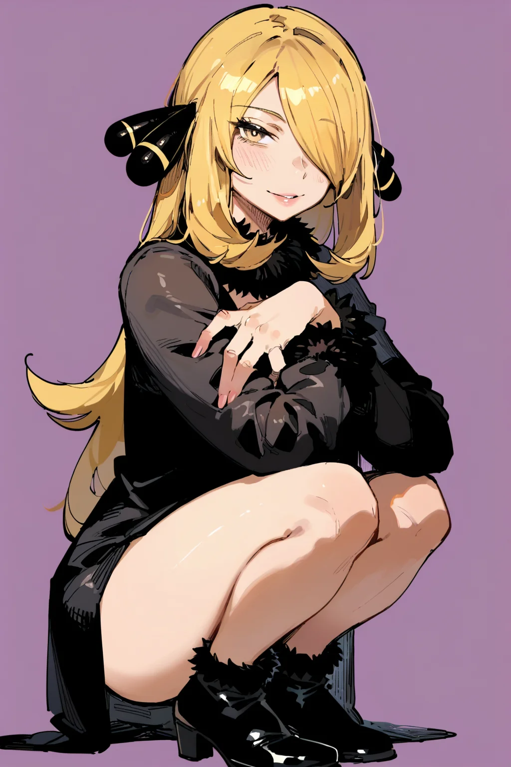 score_9, score_8_up, score_7_up, cynthia \(pokemon\), blonde hair, yellow eyes, hair over one eye, hair ornament, tall female,, solo, solo focus, cowboy shot, lavender background, Crouching with arms wrapped around the knees., <lora:karasu_raven:1>,âââ