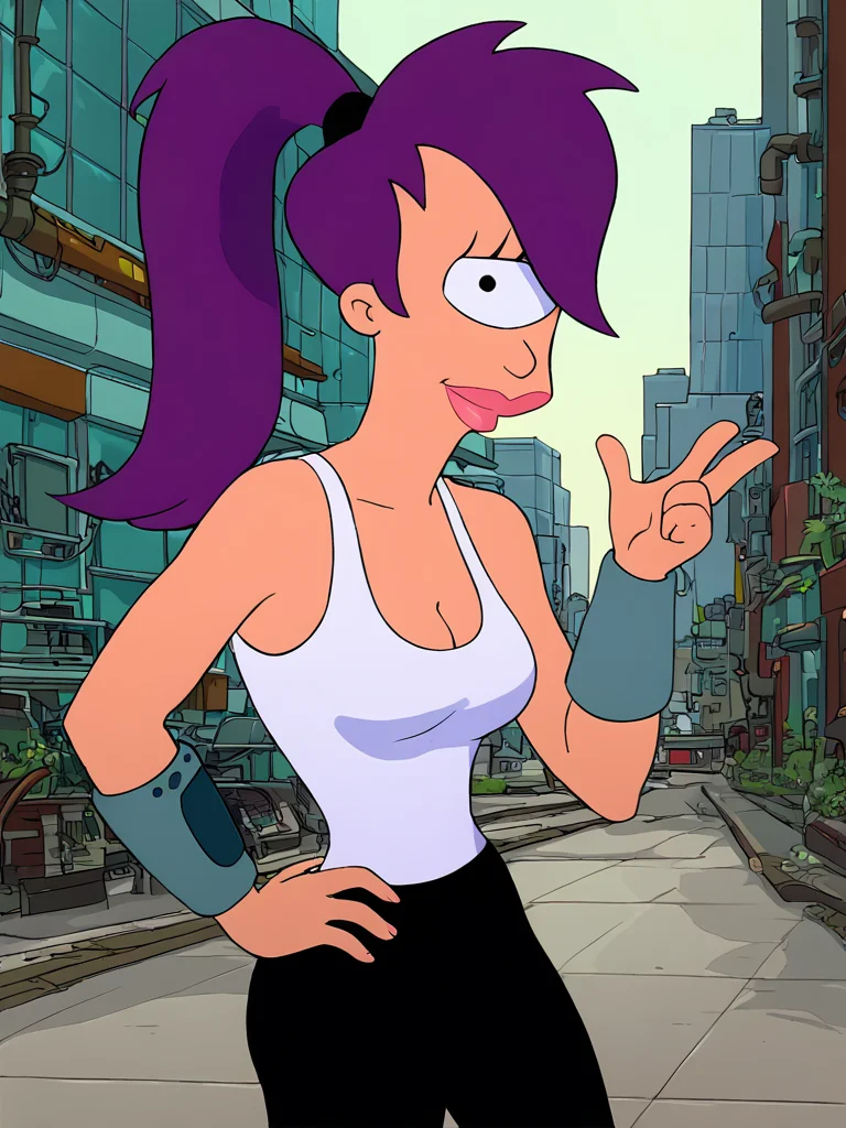 <lora:LeelaPony1.0:1> leela, 1girl, purple hair, one-eyed, cyclops, ponytail, long hair,white tank top,black pants solo, breasts, cleavage, lips,looking at viewer, hand on own hip,smile,standing, city, science fiction, score_9, score_8_up, score_7_up, <lora:Jabstyle_AMXLV1:0.8>