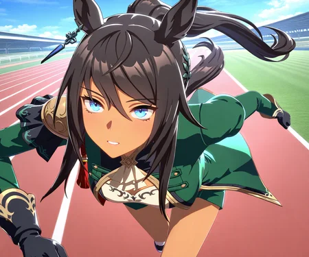 masterpiece, best quality, amazing quality, , 1girl, solo,umamusume, racetrack, running, <lora:Symboli Kris S in game style 3D ILL-v2:1> ummsmingame, 3d, symboli kris s \(umamusume\)
