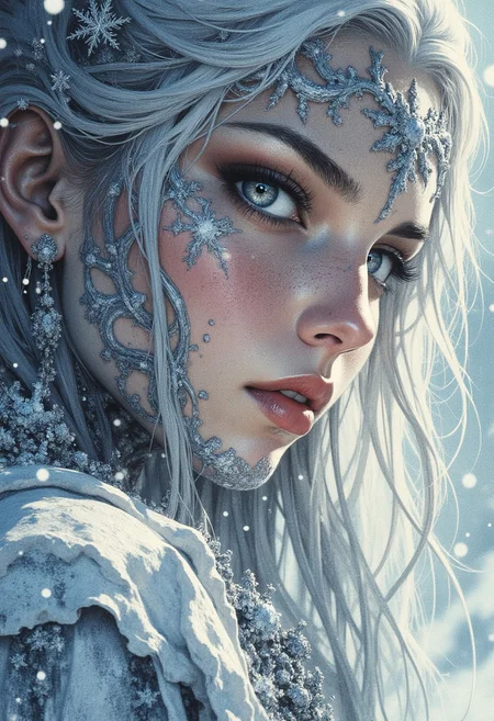 "Azura," ice queen, hyperdetailed, 8k resolution concept art, WLOP, Moebius, Hajime Sorayama, Royo, silver and icy blue color palette, hyperrealism, digital illustration, arctic sorcery, intricate snowflake patterns woven into her skin, glassy eyes reflecting an endless tundra, frost-laced hair flowing like frozen silk, vaporous breath in the icy air, delicate but deadly, ethereal presence, glacial gown encrusted with frozen jewels, emitting a cold luminescence, illustrated with haunting precision by Pablo Amaringo