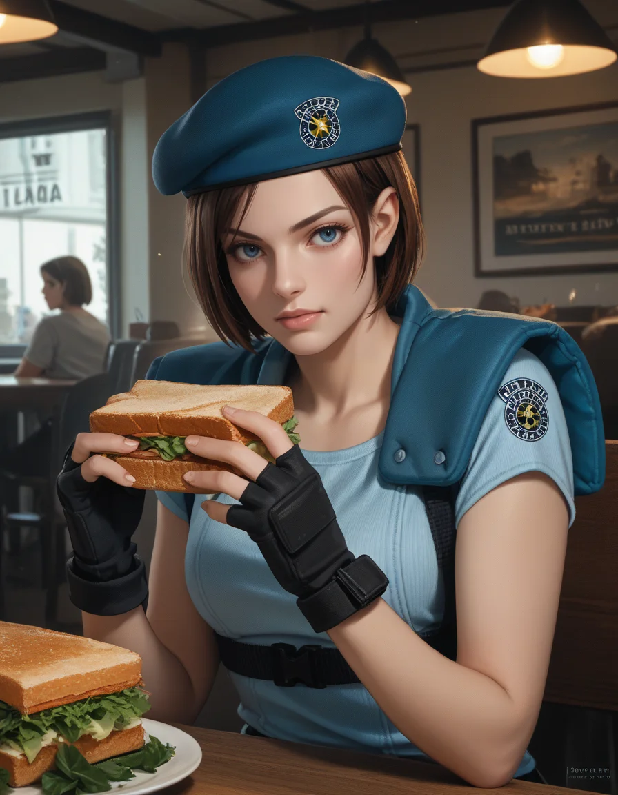 score_9, score_8_up, score_7_up, score_6_up, score_5_up, score_4_up, source_anime, realistic, photoshop \(medium\), <lora:REJill_t1-000022-128:1.0> RE1Jill, blue eyes, brown bob cut, beret, breasts, fingerless gloves
, sitting, eating a sandwich
, restaurant