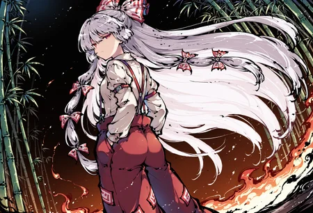 safe_pos, source_anime, high res image, masterpiece, perfect quality, best quality, newest, absurdres, highres, ultra detailed face, detailed eyes, tokiame, ink, sdxl_lightning_4step_lora_rank1, HDR, amazing composition, 1girl, solo, Fujiwara no Mokou, red eyes, hair between eyes, grey hair, hair bow, hair ribbon, long hair, very long hair, white hair, bow, suspenders, white shirt, shirt, long sleeves, pants, white bow, red pants, collared shirt,
BREAK
walking away from viewer, expressionless, half closed eyes, accurate anatomy, hands in pocket, flowing hair
BREAK
beautiful night, bamboo grove, dark background, from below, looking back, surrounded by flames, ambient light, dynamic lighting, dynamic angle, dutch angle