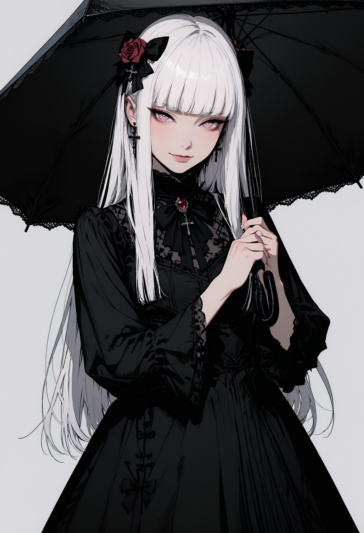 adult,
1woman,
masterpiece, newest,absurdres,incredibly absurdres, best quality, amazing quality, very aesthetic,
original,black bow,black dress,black umbrella,blunt bangs,blush,bow,bright pupils,closed mouth,cowboy shot,cross,cross earrings,dress,dress bow,earrings,flower,frilled sleeves,frills,grey background,hair bow,hair flower,hair ornament,hands up,holding,holding umbrella,jewelry,long hair,long sleeves,looking at viewer,pink eyes,red brooch,red flower,red rose,rose,sidelighting,simple background,smile,solo,straight hair,tsurime,umbrella,under umbrella,very long hair,white hair,wide sleeves,white pupil,frilled dreft 
 <lora:GTHAN2:0.8> <lora:DRKWB:0.3> DRKWB <lora:Sinozick_style:0.4> Sinozick_illu,gradient,spot color