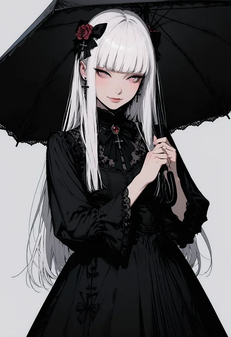 adult,
1woman,
masterpiece, newest,absurdres,incredibly absurdres, best quality, amazing quality, very aesthetic,
original,black bow,black dress,black umbrella,blunt bangs,blush,bow,bright pupils,closed mouth,cowboy shot,cross,cross earrings,dress,dress bow,earrings,flower,frilled sleeves,frills,grey background,hair bow,hair flower,hair ornament,hands up,holding,holding umbrella,jewelry,long hair,long sleeves,looking at viewer,pink eyes,red brooch,red flower,red rose,rose,sidelighting,simple background,smile,solo,straight hair,tsurime,umbrella,under umbrella,very long hair,white hair,wide sleeves,white pupil,frilled dreft
<lora:GTHAN2:0.8> <lora:DRKWB:0.3> DRKWB <lora:Sinozick_style:0.4> Sinozick_illu,gradient,spot color