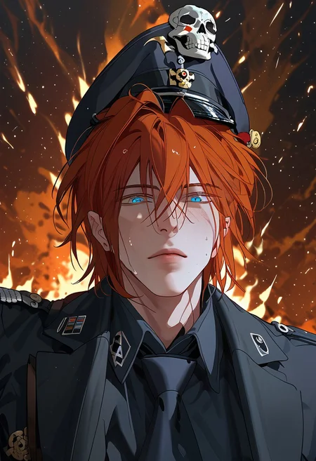 score_9, score_8_up, score_7_up, score_6_up, source_anime, 2d, 1boy, handsome boy, athletic body, manly boy, toned body, toned, male focus, solo, sweat, <lora:Chaos__Hero_Killer__Manhwa__webtoon:1>, Chaos, heterochromia, blue eye, green eye, auburn hair, medium hair, scars all over the body, closed lips, perface face, (perfect face, perfect eyes:1.2), looking at viewer, bishounen, toned male, solo, athletic build, large pectorals, abs, six pack, pecs, cute boy in his mid twenties, burning background,  <lora:warden-ponyxl-lora-nochekaiser_r1:1>, skull hat ornament, uniform, military uniform, black uniform, hat, cap, black cap, armband, collared shirt, black necktie, hand behind back, straight posture, swastikas armband