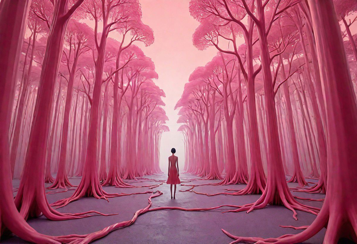 A surrealistic fusion of Reuben Wu's ethereal landscapes with Nick Knight's hyper-realistic models. A Synthetic forest of barcode trees, where creatures with Taro Okamoto's biomechanical limbs frolic and play. The sun sets in vibrant, electric hues, casting long, synthetic shadows that distort the Sharp Focus images of the models. In the distance, a satellite hovers, projecting old school designs onto the landscape, OverallDetail