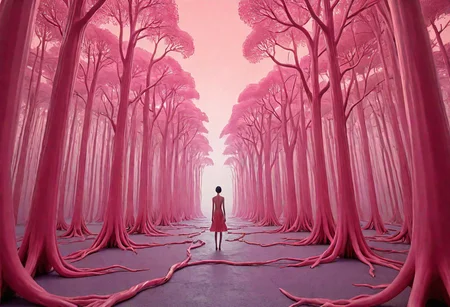 A surrealistic fusion of Reuben Wu's ethereal landscapes with Nick Knight's hyper-realistic models. A Synthetic forest of barcode trees, where creatures with Taro Okamoto's biomechanical limbs frolic and play. The sun sets in vibrant, electric hues, casting long, synthetic shadows that distort the Sharp Focus images of the models. In the distance, a satellite hovers, projecting old school designs onto the landscape, OverallDetail