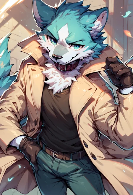 score_9, score_8_up, score_7_up, solo, shirou ogami, bna, 1boy, furry, trench coat, shirt, pants, gloves, collar, cute:1.3, chibi, smug, sly smile, detailed background, looking at viewer, <lora:Shirou_Ogami:1>