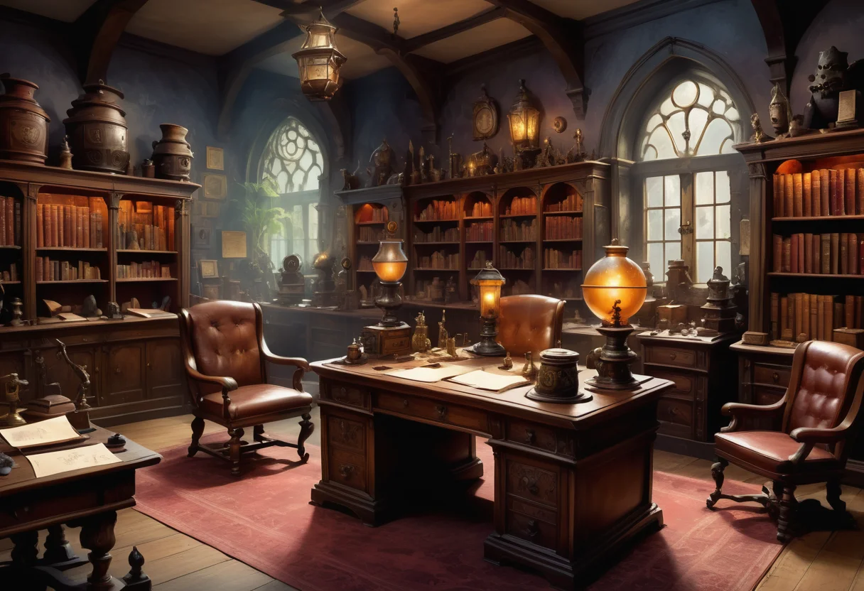 magic academy, air of authority administration office, antique desks,high-backed armchairs, ink pots,wax seals,paperweights, voice recorders, , paper golems, magic-proofed walls, magical, fantasy