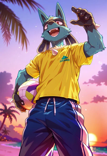 kumak, cowboy shot, masterpiece, best quality, amazing quality, 1boy, furry male, solo, lucario, yellow shirt, summer pants, playing volleyball, on beach, outdoors, cloud, beach, sea, from below, evening, smile, open mouth, sweat, coconut tree, blurry background