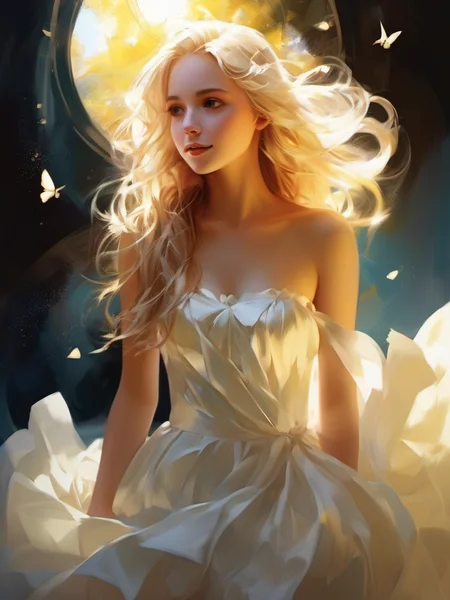 1 girl, blonde hair, long hair, solo, magic, strapless white dress, sunshine on hair