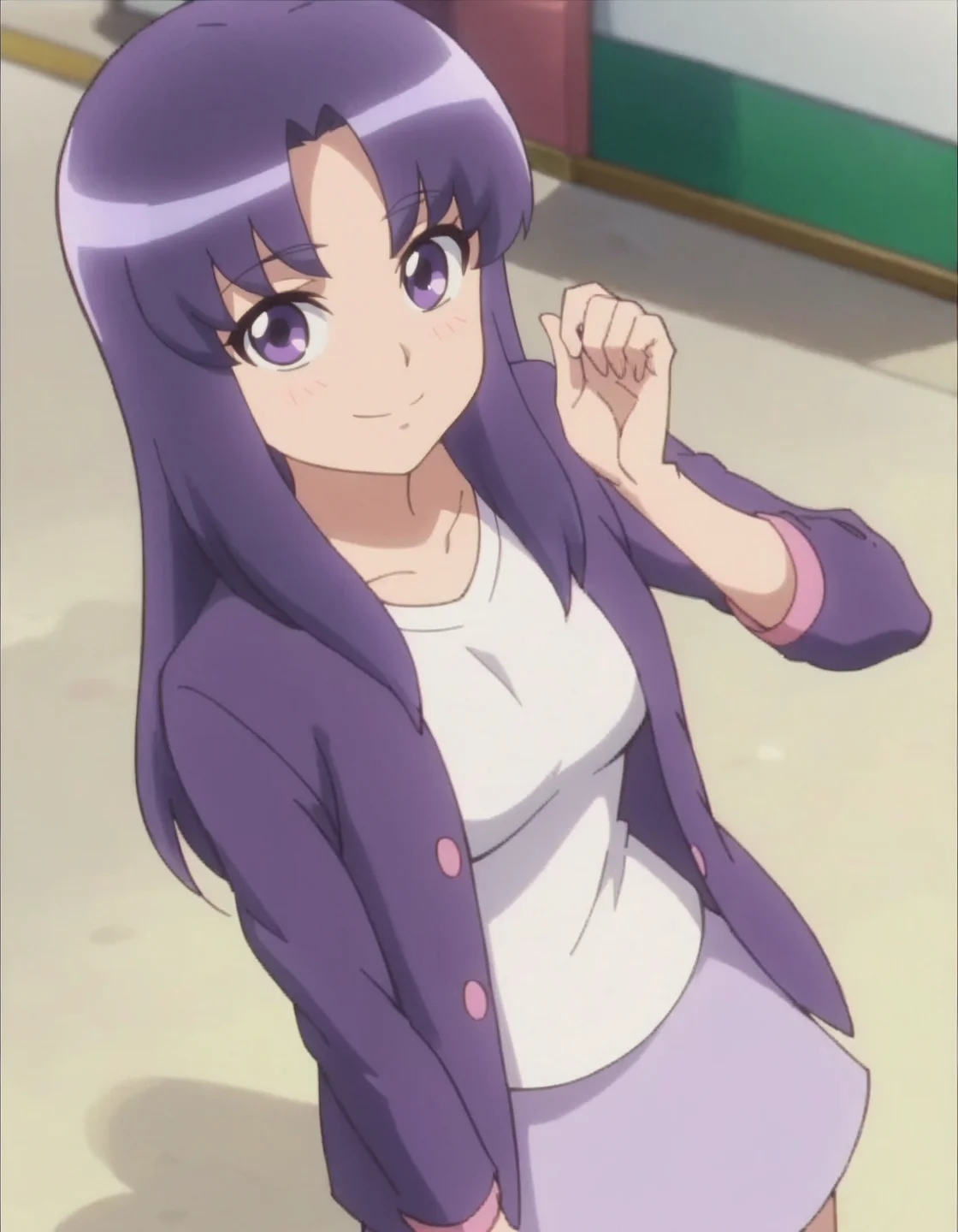 score_9, score_8_up, score_7_up, anime screencap, solo,1girl,hikawaiona,purple skirt, smile,purple jacket, looking at viewer, white shirt, long sleeves,medium breasts,cowboy shot, blush,<lora:hikawaiona:0.8>