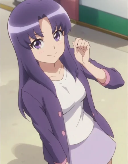 score_9, score_8_up, score_7_up, anime screencap, solo,1girl,hikawaiona,purple skirt, smile,purple jacket, looking at viewer, white shirt, long sleeves,medium breasts,cowboy shot, blush,<lora:hikawaiona:0.8>