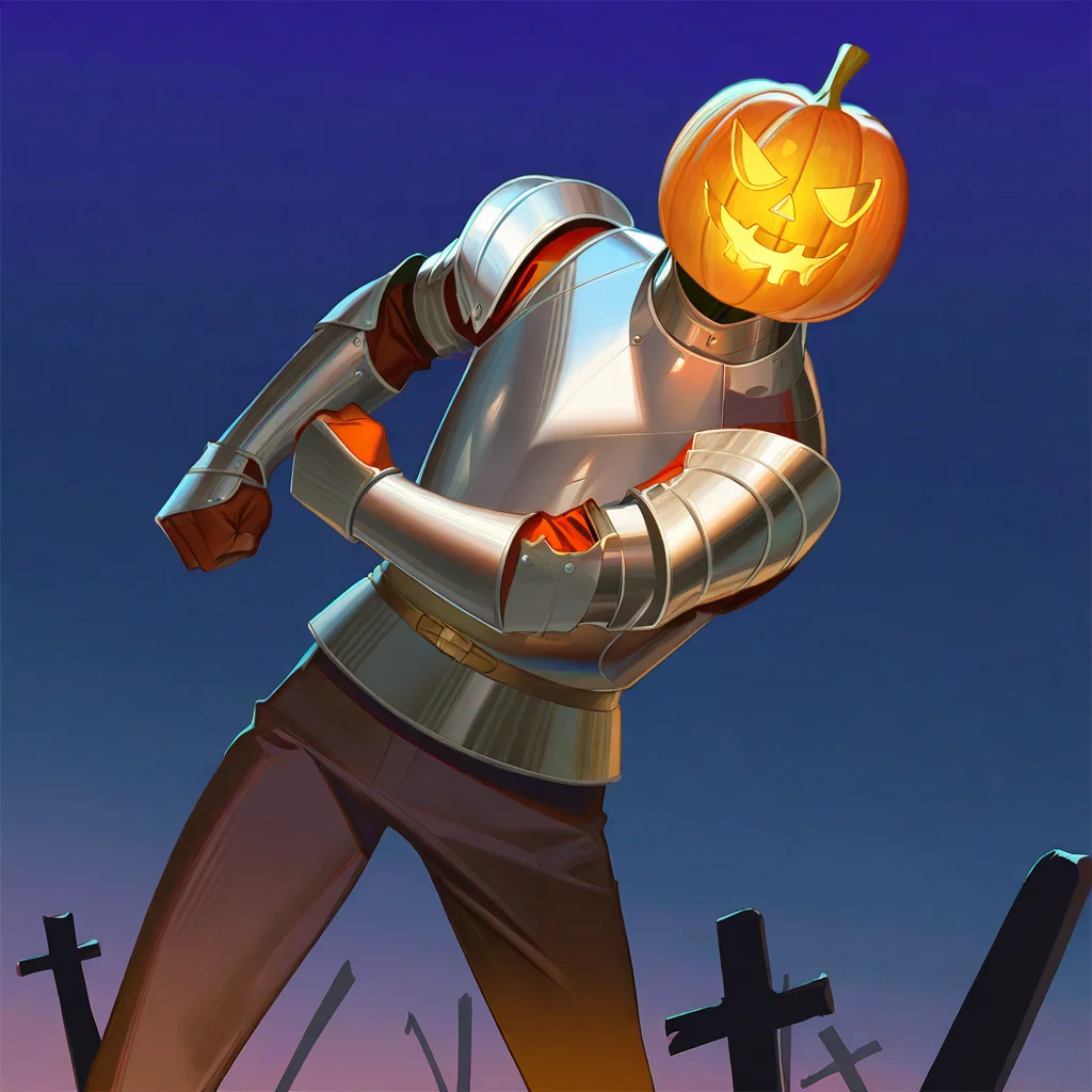 masterpiece, best quality, extreme aesthetic, newest, 1other, solo, contrapposto, solo, hand up, clenched hands, standing, legs apart, knight, full armor, pumpkin mask, facing viewer, dancing, dynamic poseoutdoors, night, dark sky, (graveyard:1.1), pumpkin, artist:rei \(sanbonzakura\), artist:ask \(askzy\), artist:sho \(sho lwlw\), artist:wanke, artist:ano \(gccx8784\)