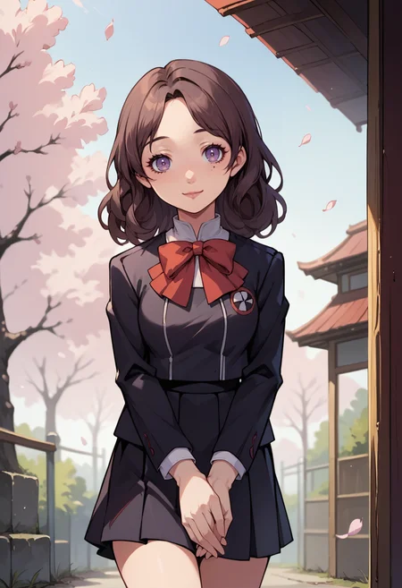 score_9, score_8_up, score_7_up, source_anime, BREAK 1girl, cowboy shot, looking at viewer, closed mouth, smile, own hands together, <lora:zs_SaoriXL:1> saorip3, brown hair, medium hair, mole under eye, purple eyes, makeup, school uniform, black jacket, red bow, skirt, bare legs, outdoors, cherry blossoms