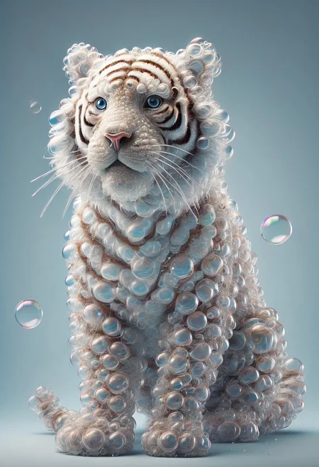 4k, realistic, fluffy hair, tiger, happy look, light blue background ,full of Soap bubbles, colorful bubbles, bright bubbles,floating,