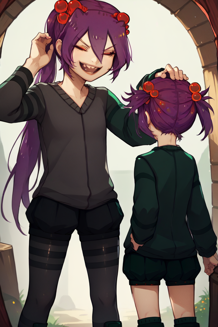 score_9, score_8_up, score_7_up, score_6_up, source_anime, two girls standing, sisters, hand on another's head, headpat BREAK  1girl, <lora:Spiderchan_XLPD:1> Spider-chan, purple hair, red eyes, ponytail, hair ornament, hair between eyes, hair bobbles, long hair, bangs, black pantyhose, long sleeves, collarbone, short shorts, closed eyes, happy, smile BREAK 1girl,  <lora:mccavespider-pdxl-nvwls-v1-000005:1> spid3r, short twintails, purple hair, hair bobbles, green sweater, green shorts, green boots, annoyed, pout
