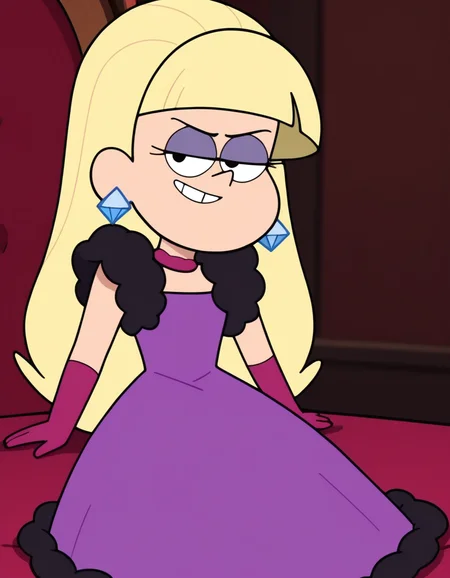 looking at viewer, solo, smug, sitting, <lora:Pacifica_Northwest_Gravity_Falls_Pony:1> , pacificagf, long hair, blonde hair, blunt bangs, eyelashes, black eyes, purple eyeshadow,
double diamond earrings, purple dress, purple gloves, black puffy shoulder sleeves, black rim at the bottom of dress,