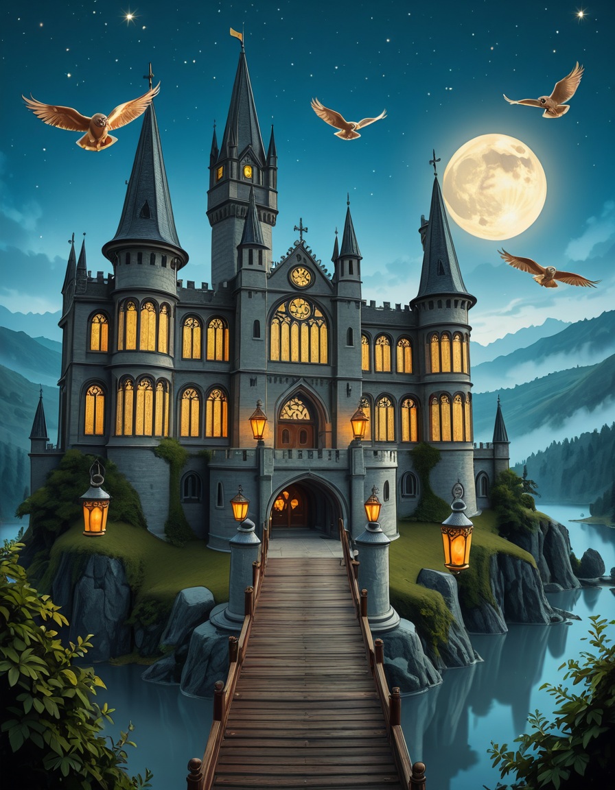 A majestic, ancient castle perched on a rocky hill, serving as a prestigious school for young wizards. The castle is a grand structure with towering spires, intricate gothic architecture, and large stained-glass windows that glow with magical energy. The stone walls are covered in ivy, and enchanted lanterns float around the entrance, casting a soft, mystical glow. A massive wooden bridge leads to the main gate, suspended over a misty, enchanted lake that reflects the moonlight. In the background, rolling green hills and dense, fog-covered forests surround the school, adding an air of mystery. The sky is a deep twilight blue, with stars twinkling and a full moon shining brightly. Some windows in the castle emit warm, golden light, hinting at classrooms filled with spellbooks and students practicing magic. A few owls are seen soaring above, delivering messages. The atmosphere is magical, mysterious, and full of wonder, as if the castle itself is alive with enchantments.
<lora:SDXLFaeTastic2400:0.4> <lora:extremely_detailed:0.4> extremely detailed,ancient c4stl3, <lora:ancient_c4stl3-i:1>, Masterpiece,best quality,hi res,8k,hi res,8k,award winning,(sharp focus, intricate, highly detailed),