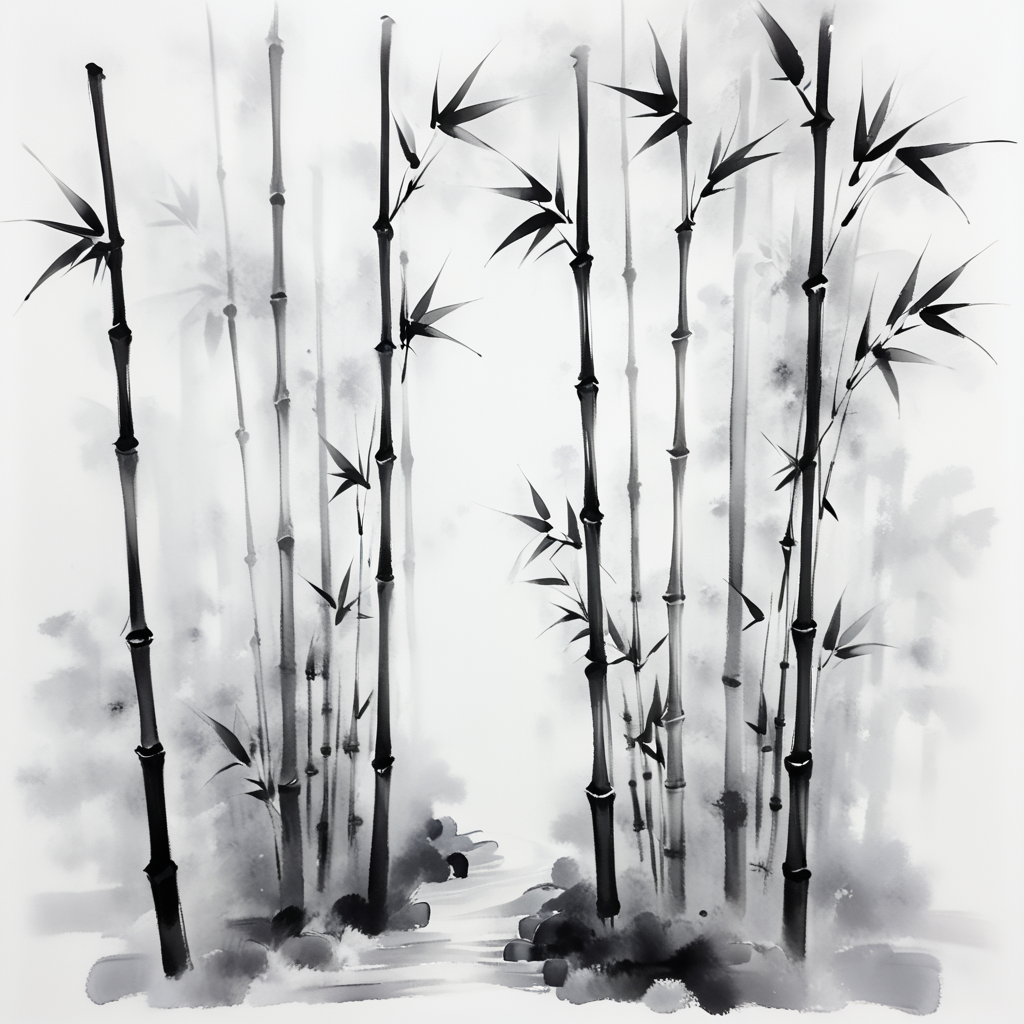 <lora:Zen_Ink_Wash_Sumi-eSDXL:1> ArsMJStyle, Zen Ink Wash Sumi-e, A bamboo grove with tall, slender stalks, monochrome, greyscale, white background, tranquil, no humans, traditional media, ink, solo, nature.