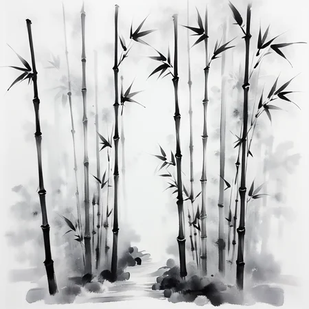 <lora:Zen_Ink_Wash_Sumi-eSDXL:1> ArsMJStyle, Zen Ink Wash Sumi-e, A bamboo grove with tall, slender stalks, monochrome, greyscale, white background, tranquil, no humans, traditional media, ink, solo, nature.
