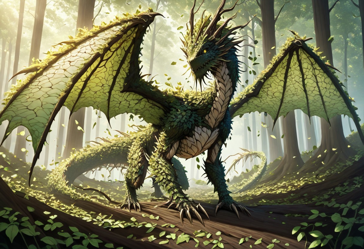 masterpiece, best quality, newest, absurdres, highres, FG-V2.0-Dragon, dragon, monster, no humans, tree, forest, wings, leaves,