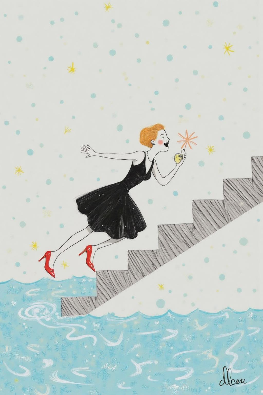 al1ca Illustration. 
a woman in a chic little black dress and vibrant red high heels, gracefully descending an escalator. She wears black lipstick and is screaming. Her attire exudes elegance and sophistication, with the red heels providing a bold pop of color against the classic black dress. The escalator itself, typically found in a mall or airport, leads downwards into an unexpected and dreamlike destinationâ -- pool of rippling water. The water is blue and ripples as the escalator's steps disappear beneath the surface. The woman's posture is poised and confident, as she seems unperturbed by the unusual surroundings. The overall atmosphere is a blend of high fashion and surreal fantasy, capturing a moment that is both elegant and otherworldly,   <lora:al1ca1_cap_d6a3e11:1.0><lora:828084538358984990:0>