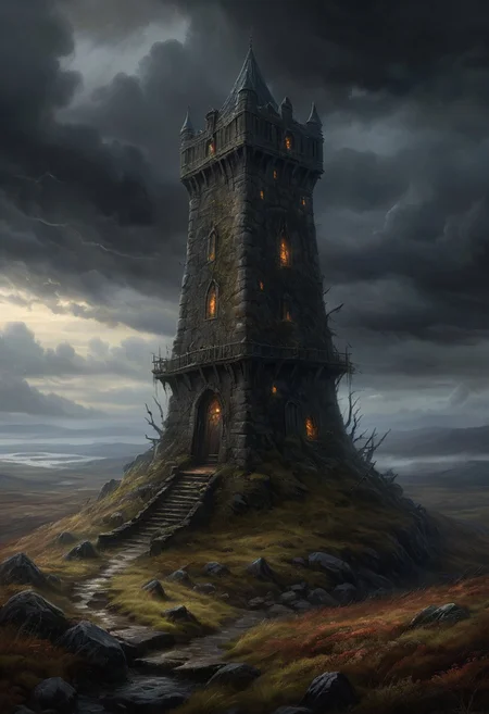 oil painting, fantasy, rpg, a tower in the moorland, dark clouds, dark moor, (misty:1.5), creepy atmosphere, dramatic light, (darkness:2.5), 34K uhd, masterpiece, high detail, 8k, intricate, detailed, high resolution, high res, high quality, <lora:add-detail-xl:1.8>, highly detailed, Extremely high-resolution details, fine texture, darkness